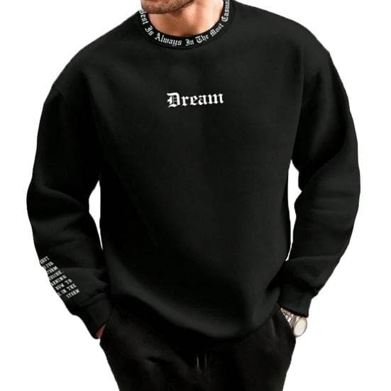 Men Fall Winter Sweatshirt Round Neck Long Sleeve Letter Print Long Sleeve Thick Loose Soft Warm Mid Length Men Casual Top M black