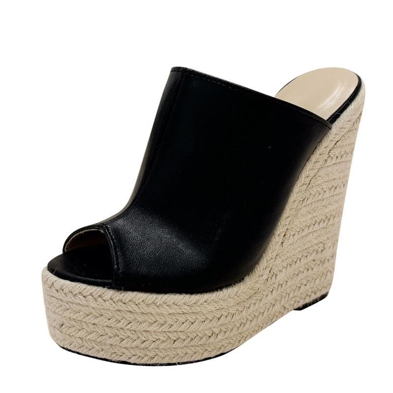 Liyke Handmade Straw Rope Weave Platform Slippers Women Summer Fashion Open Toe Super High Heels Sandals Ladies Shoes Size 35-42 42 black