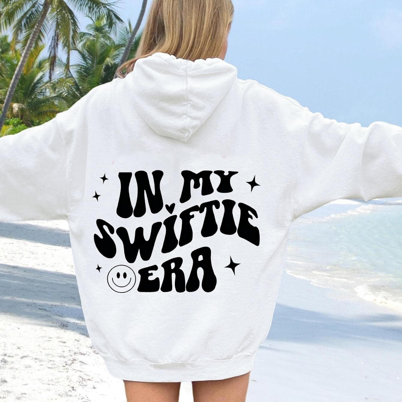 In My Swiftie Era Letter Print Drawstring Hoodie Drop Shoulder Long Sleeve Hoodie Women'S Clothes L white