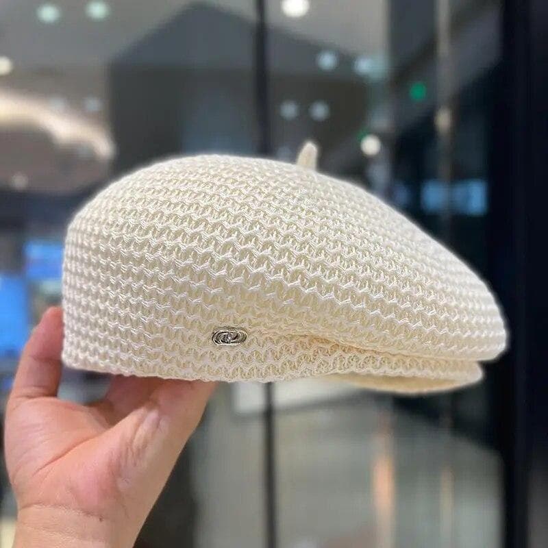 Women Fixed Pleated Paper Straw Beret Summer Milk Silk Knit Breathable Big Artist Fashion Newsboy Hat 56-56cm white/beige