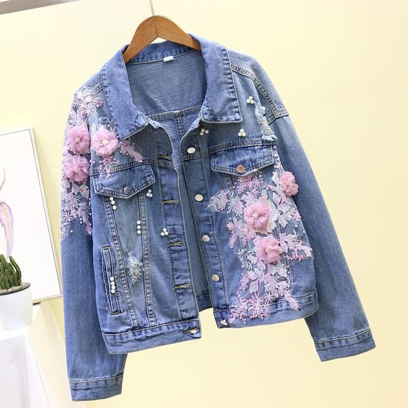 3D Embroidered Jean Jacket Three-dimensional Flower Pearl Hole Denim Jacket Women's Loose Short Jacket Top Vintage Denim Cardigan XL pink