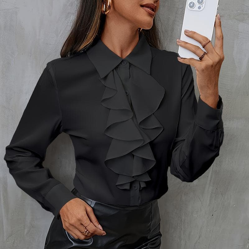 YYFS Women's Fashion Casual Spring Autumn Solid Color Print Long Sleeve POLO Neck Blouses & Shirts XL black