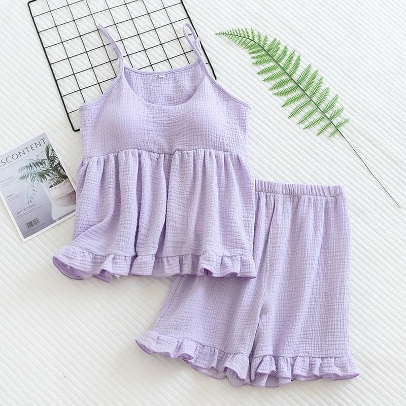 Summer new women's pajamas two-piece set with chest pad suspender shorts 100%cotton small fresh sexy thin homewear set plus size XL purple