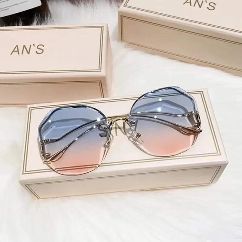 Fashion Rimless Sunglasses Women Men Polygonal Large Frame Gradient Sunscreen UV Protection Eyewear 1PC