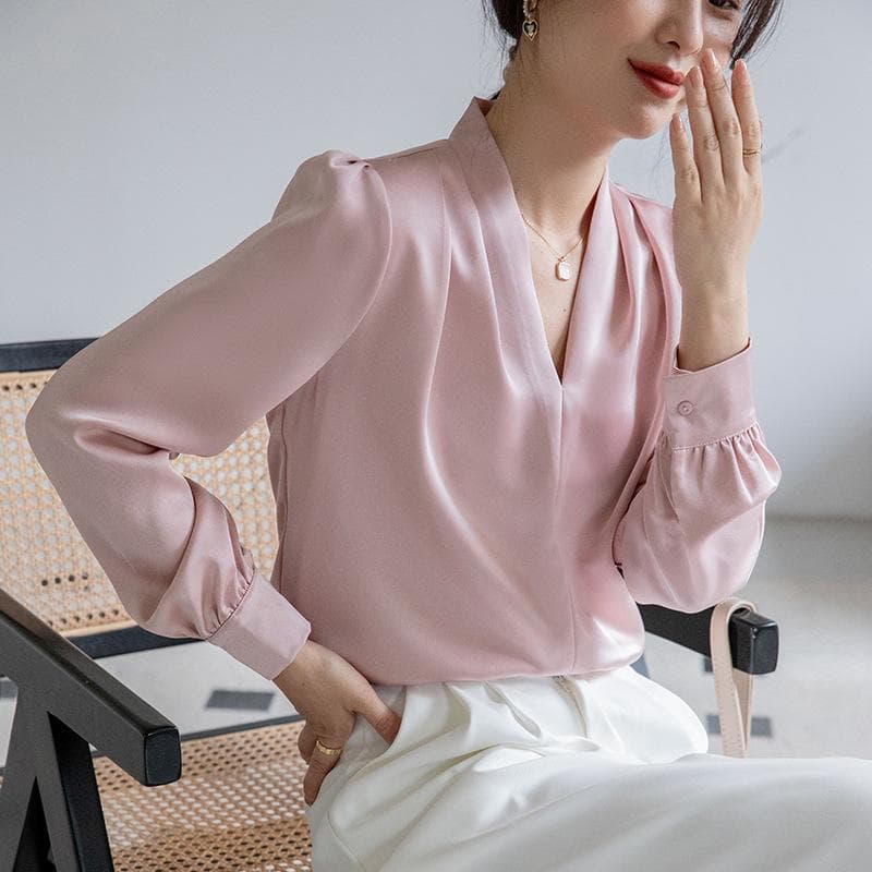 Satin White Shirt Women's Long Sleeved V-neck Versatile High-end Professional Temperament Top 2XL pink