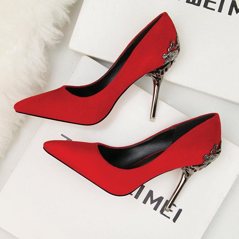 Frosted Shoes Wedding Shoes Red Bridal Shoes Metal Hollow Suede High Heels 35 red