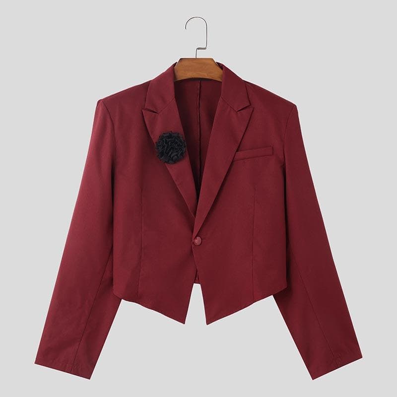 INCERUN Men Lapel Neck Long Sleeve One Button Floral Irregular Blazer Short Coats M red