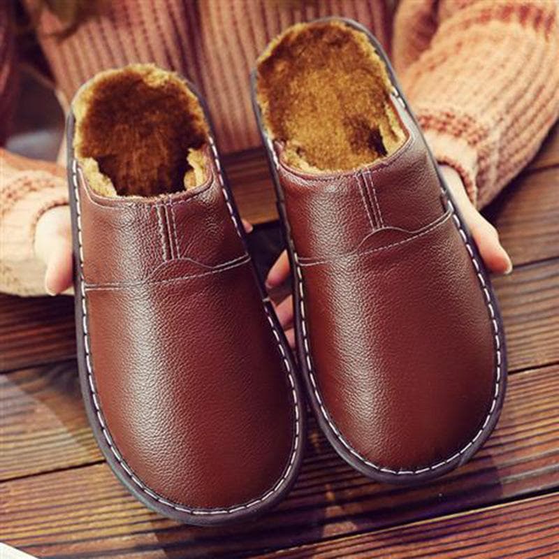 Men Women Autumn and Winter Couple Leather Waterproof Cotton Slippers Indoor  Warm Non-slip Thick-soled Plush Shoes 45-46 dark brown
