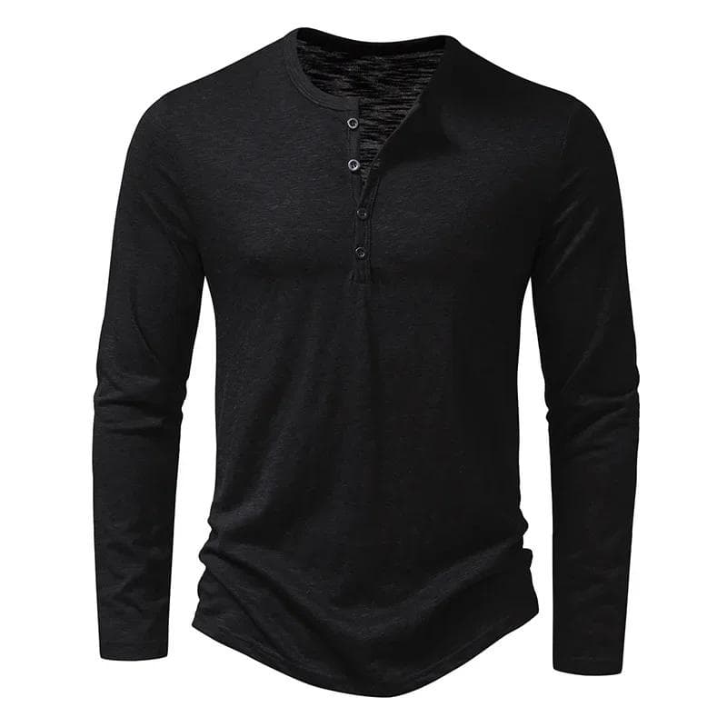 Men's Cotton Button T-Shirt Henley neck Shirt Long Sleeve Casual Solid color T-Shirts XL black