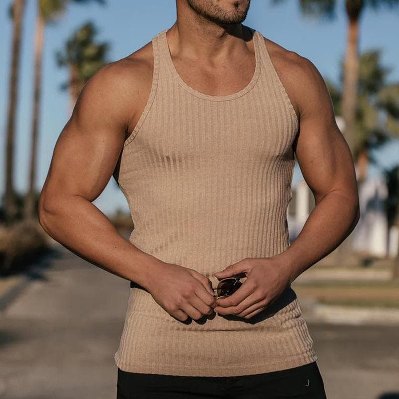Rib Knitted Man Vests Summer Casual O-Neck Sleeveless Slim Stretch Sporty Tank Tops M khaki