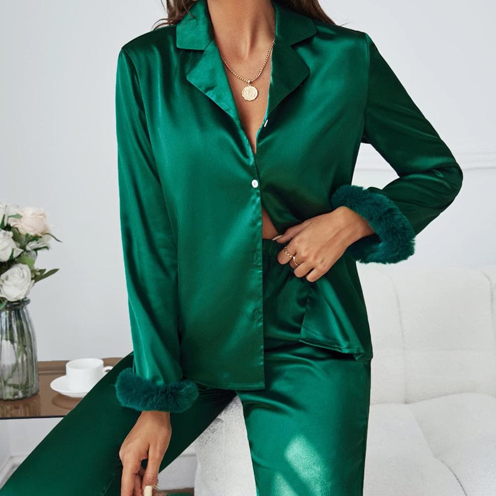 Long Sleeve Trouser Suits Green Satin Home Wear Spring Female 2PCS Pajamas Set with Feather Loose Casual Sleepwear Loungewear XL