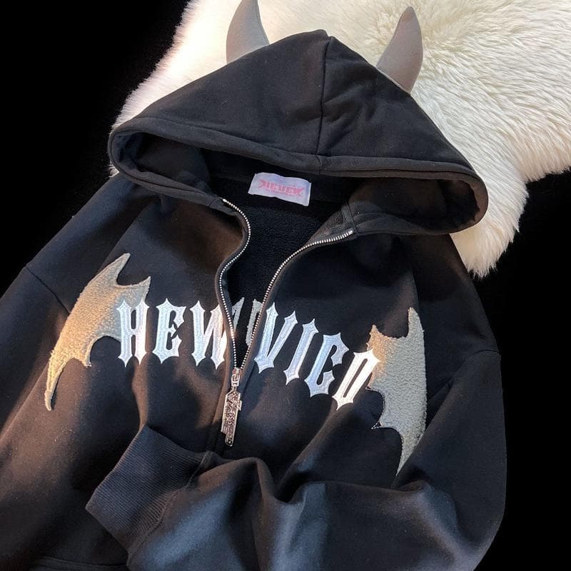 Retro Little Devil Horn Hoodies Y2k Women Letter Embroidery Zipper Hooded Sweatshirt Harajuku Casual Loose Jacket Coats L black