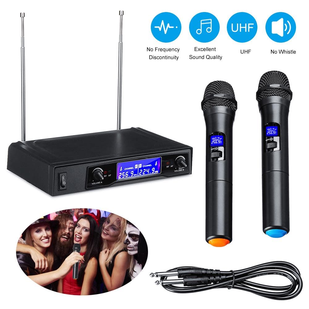 Karaoke Microphones UHF Professional Cordless Dual Handheld Mic System Set black