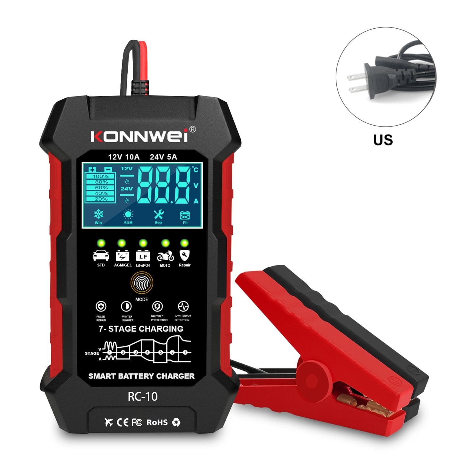 Konnwei RC-10 12V 10A & 24V 5A Battery Charger Battery Pulse Repair Tool for Lead-acid Automotive, US black