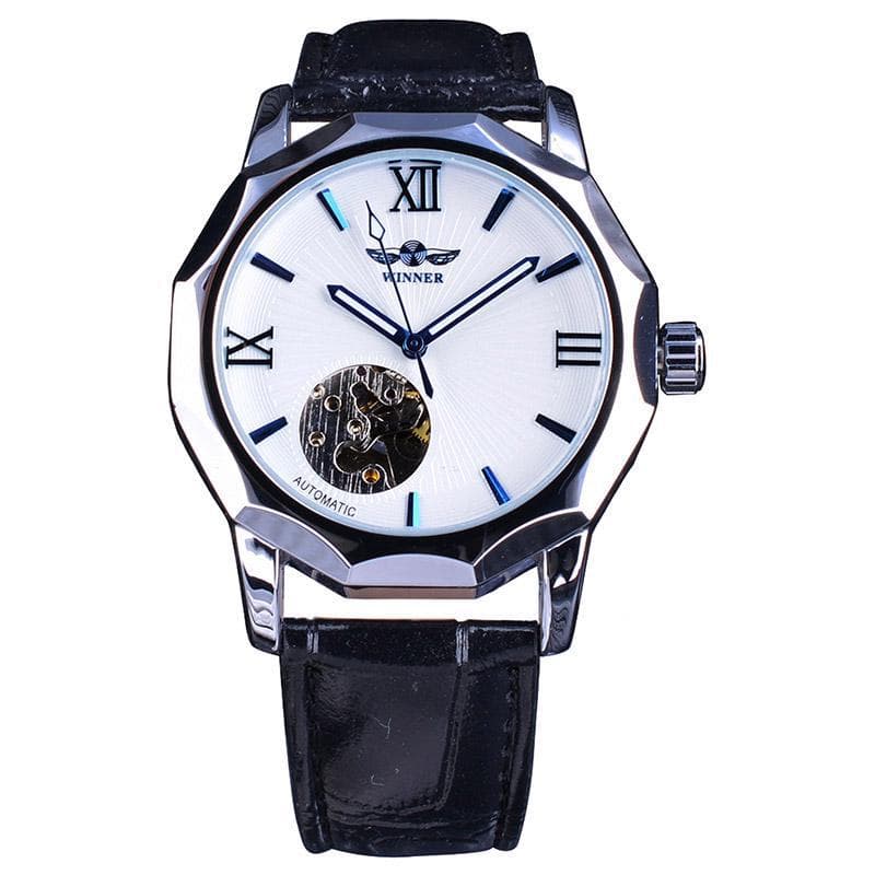 Winner Blue Ocean Geometry Design Transparent Skeleton Dial Mens Watch Top Brand Luxury Automatic Fashion Mechanical Watch Clock white