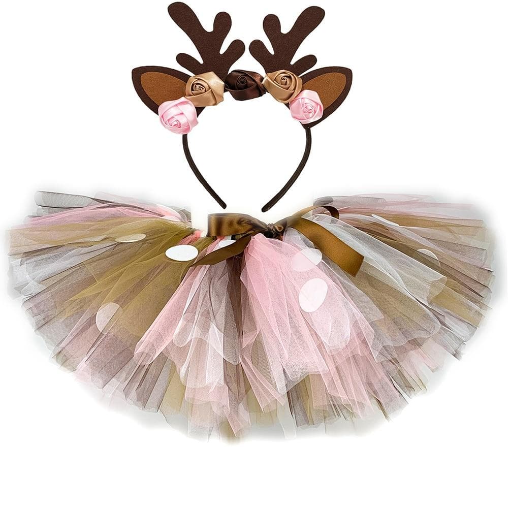 Girls Deer Tutu Skirt with Headband Fluffy Birthday Party Baby Tutu Dance Tulle Skirt Kid Deer Costume Holiday New Year Gifts 0-6M multicolour