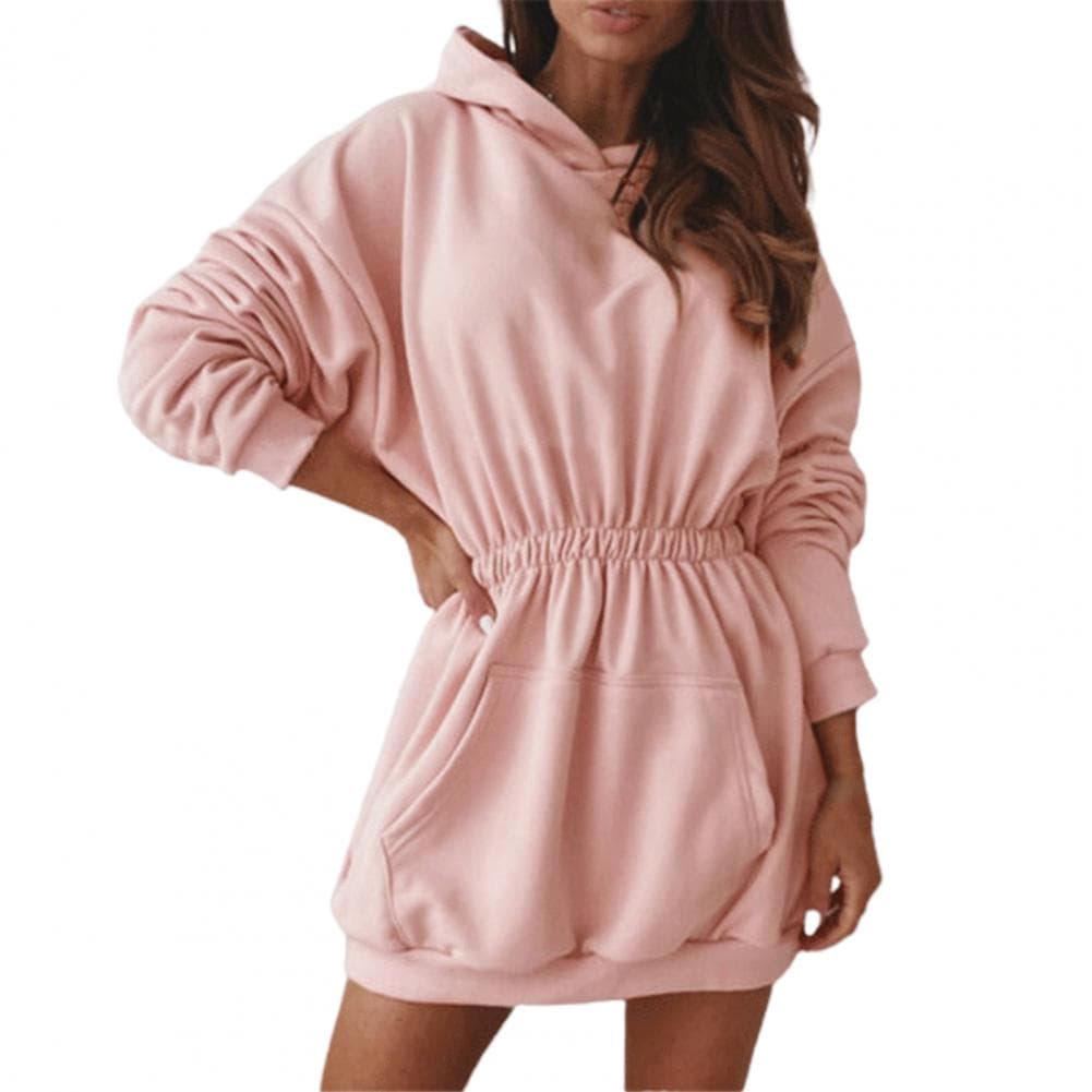 Lady Dress Solid Color Hooded Elastic Waist All Match Spring Dress for Daily Wear M pink