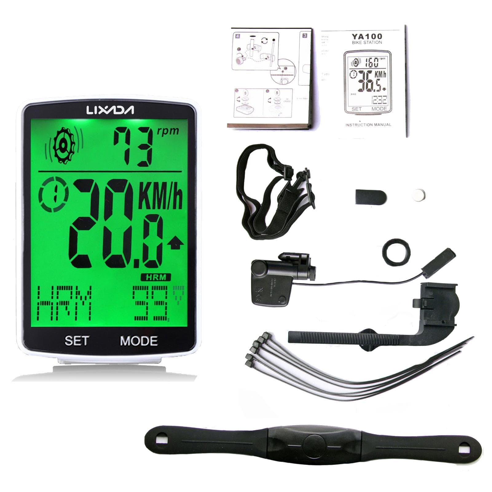 LIXADA 3 in 1 Wireless Bike Computer Multi Functional LCD Screen Bicycle Computer with Heart Rate Green backlight white