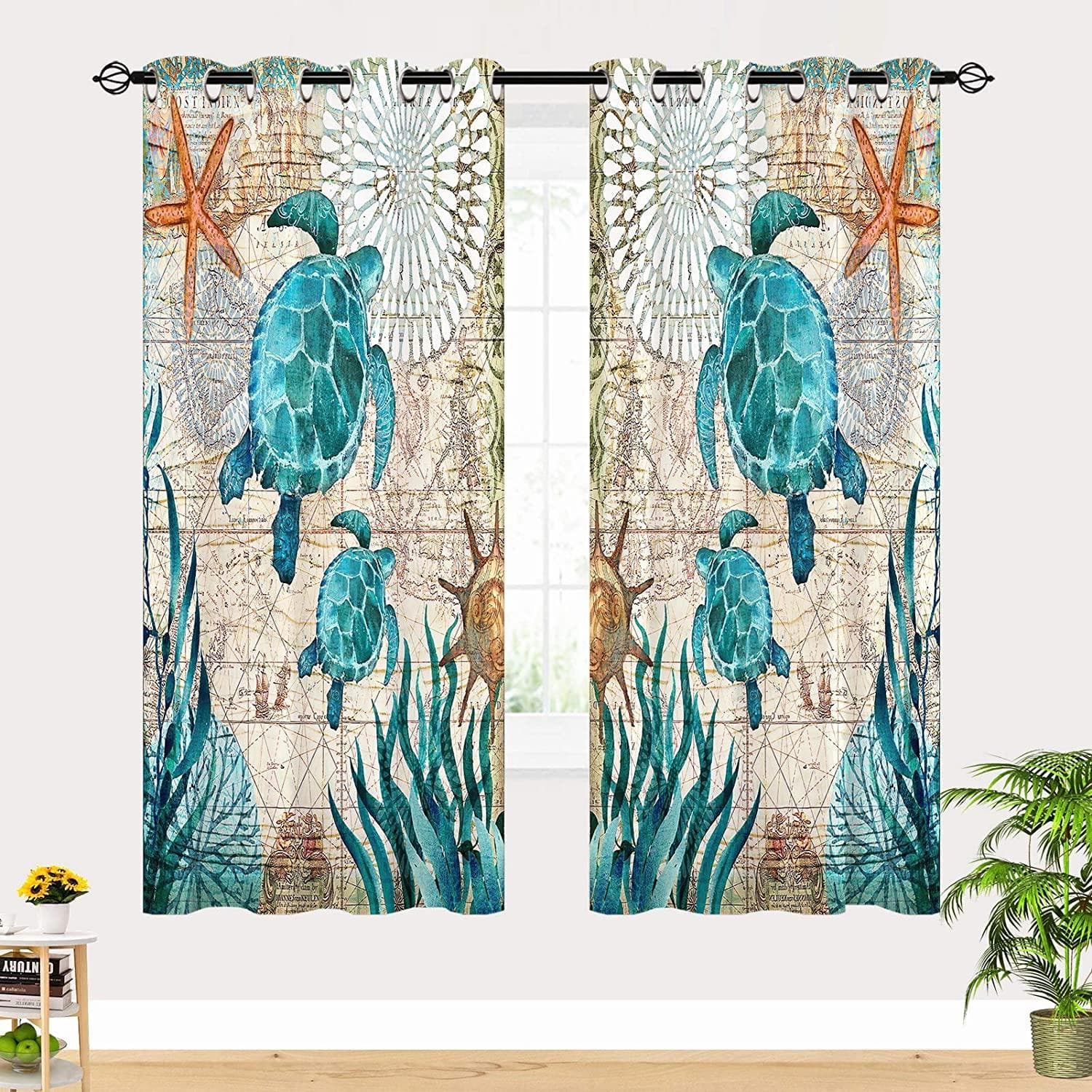 Cartoon Sea Turtle Window Curtains for Bedroom Ocean Marine Window Drapes Underwater Sealife Room Decoration 100W160H(CM)40x63in&Grommet Top