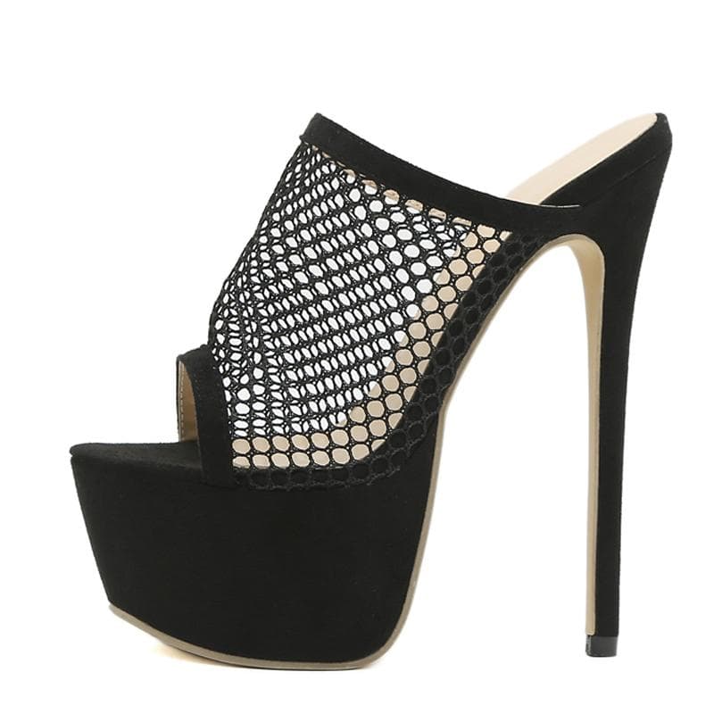 Liyke  New Peep Toe Platform Heels Black Mesh Slippers Summer Sandals Fashion Slip On Slides Women Mule Party Stripper Shoes 35 black