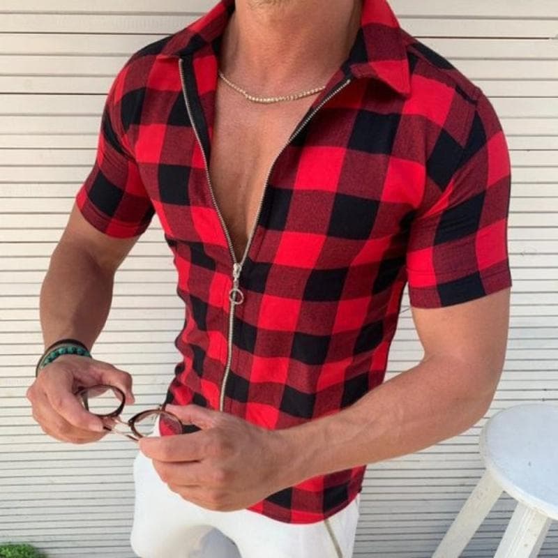 Men's Summer Fashion Short-sleeved Plaid Printed Shirt with Zipper Lapel Business Casual Shirt Top XL red