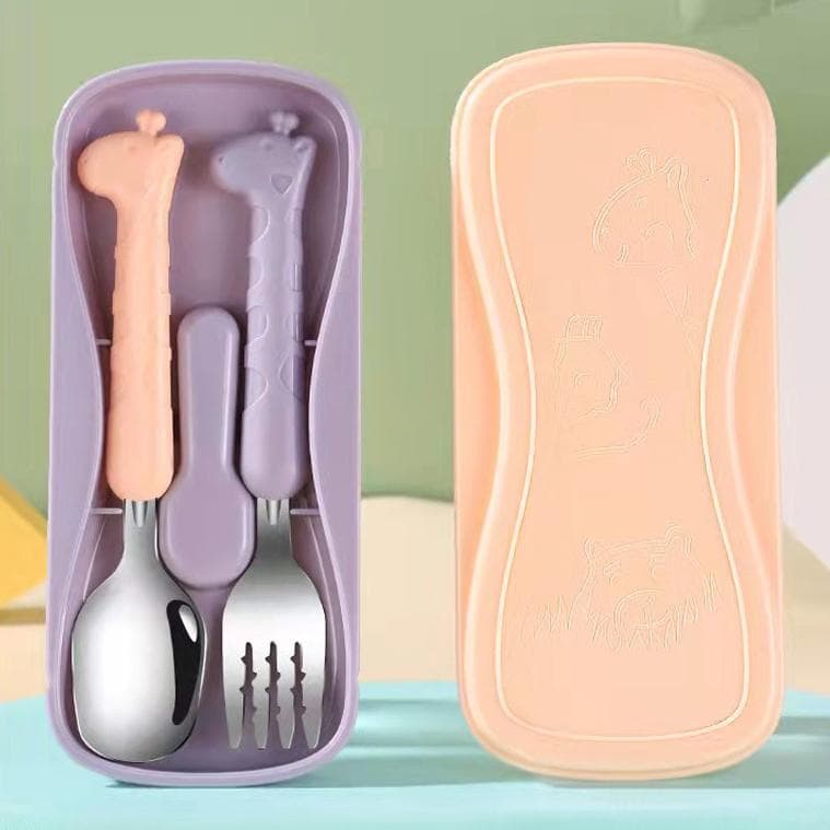 2Pcs/set Childrens Tableware Food Grade Stainless Steel Spoon And Fork Baby Eating Training Utensils purple