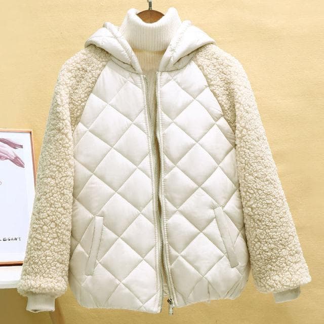 Thin Light Down Cotton Jacket Female Short Coat Autumn Winter Women's 2021 Hooded Loose Imitation Lamb Wool Cotton Jacket XXXL off white