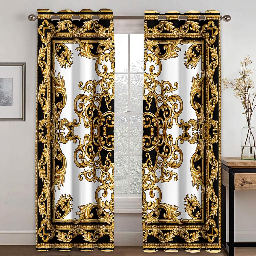 3D Luxury Brand Series of Patterns Deluxe Living Room Bedroom Home Decoration Sunshade Curtains 2 Pieces of Hooks Piercing 135W245H(CM)53x96in&Grommet Top