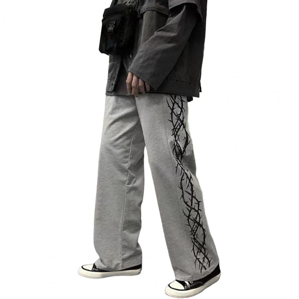 Men Pants Thorn Print Wide Leg Straight High Street Style Loose Retro Elastic Waist Full Length Youthful Teenager Travel Outdoor S grey