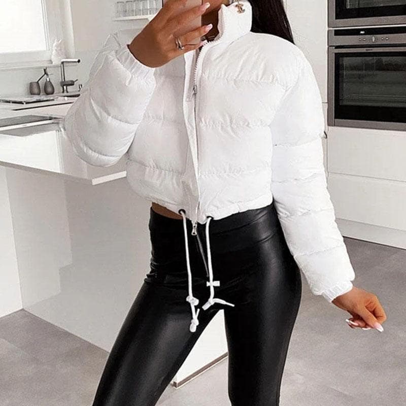 Winter Warm Stand Collar Long Sleeve Zipper Short Cotton Padded Jackets M white