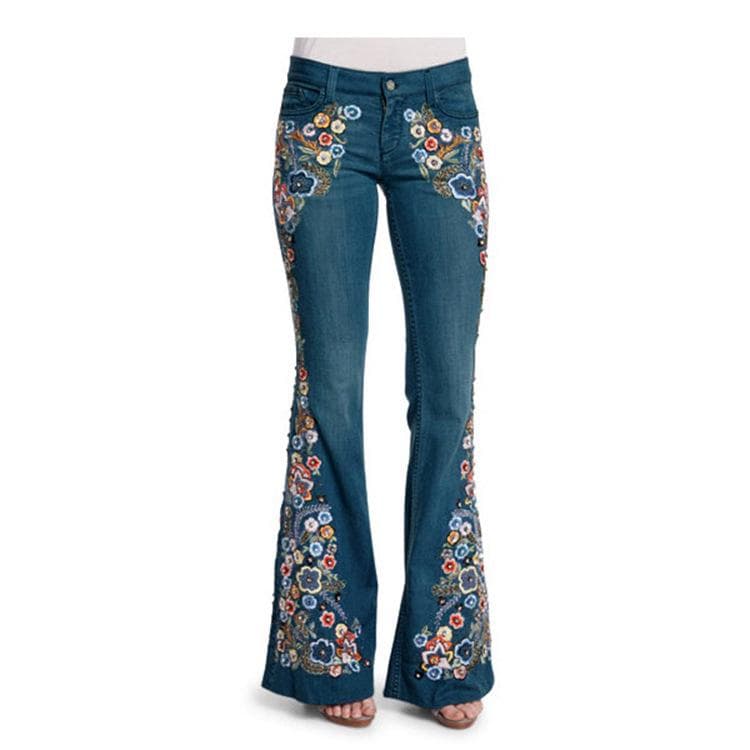 European and American Women's Jeans Embroidered Slim-fit Washed Flared Jeans M dark blue