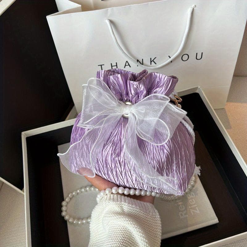 Chic Bowknot Canvas Crossbody Bag with Faux Pearl Chain - Versatile & Stylish Bucket Shoulder Purse for Women purple