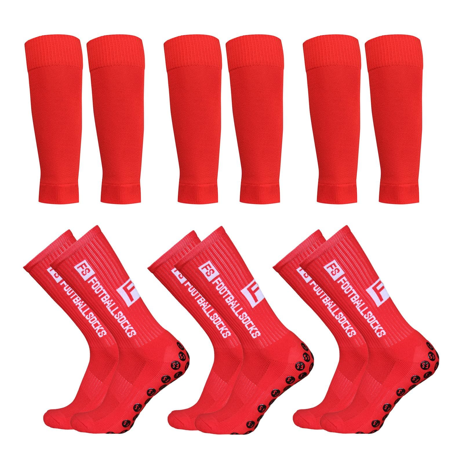 3 Pairs Anti Slip Soccer Socks and Calf Sleeves Set Outdoor Sport Running Stretch Socks Athletic red