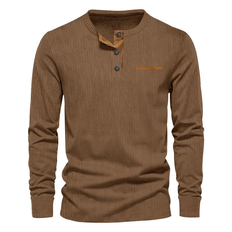 Spring new casual men's corduroy Henley shirt men's long-sleeved Slim T-shirt XXXL brown