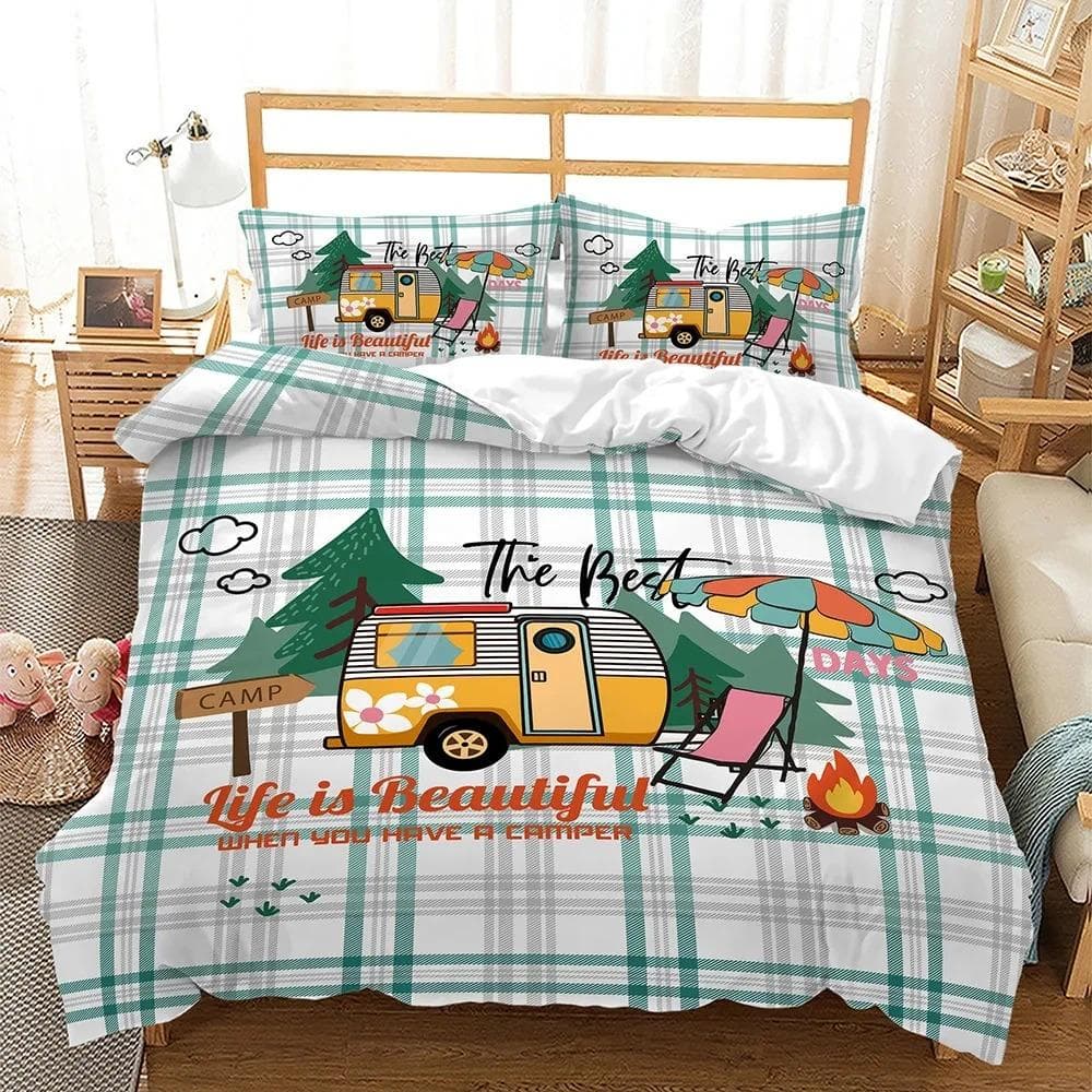Camper Time Print Bedding Set 3D Camping Car Duvet Cover Travel Theme Cartoon Camping Comforter Cover Full King for Teens Adult 70x133cm 2pcs