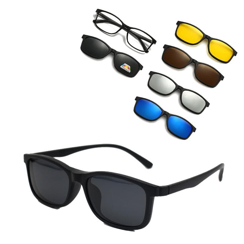 TR90 Eyeglasses Frame with 5 Clip on Sunglasses for Men Rectangle Optical Glasses Leisure Eyewear Design 2266 Black polarized clip