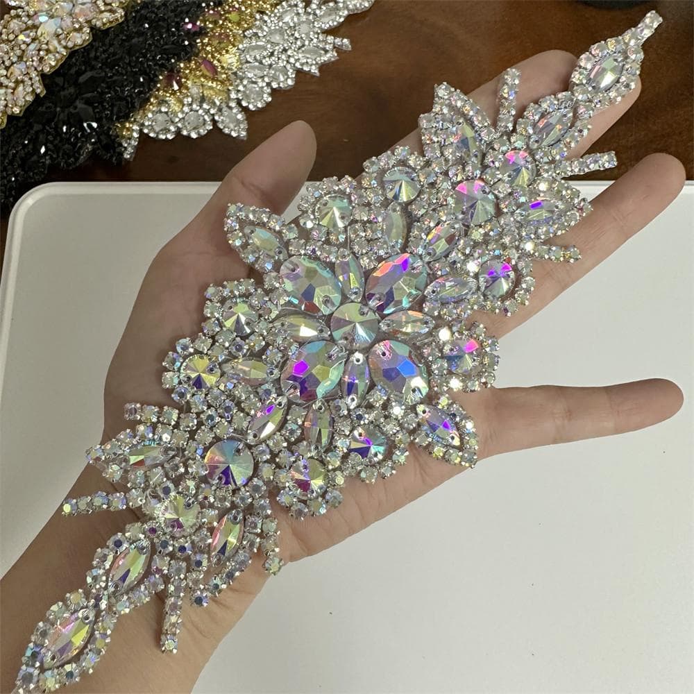 1PCS AB Silver Rhinestone Applique flower patches Iron on/sew on wedding dress accessories For Clothes Decoration