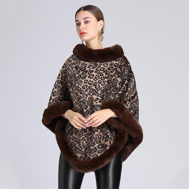 Vintage Knit Faux Fur Trim Poncho Leopard-Print Sleeveless Coat Women Winter Thicken Lining Pullover Wraps Cloak Warm Shawl for Female One size