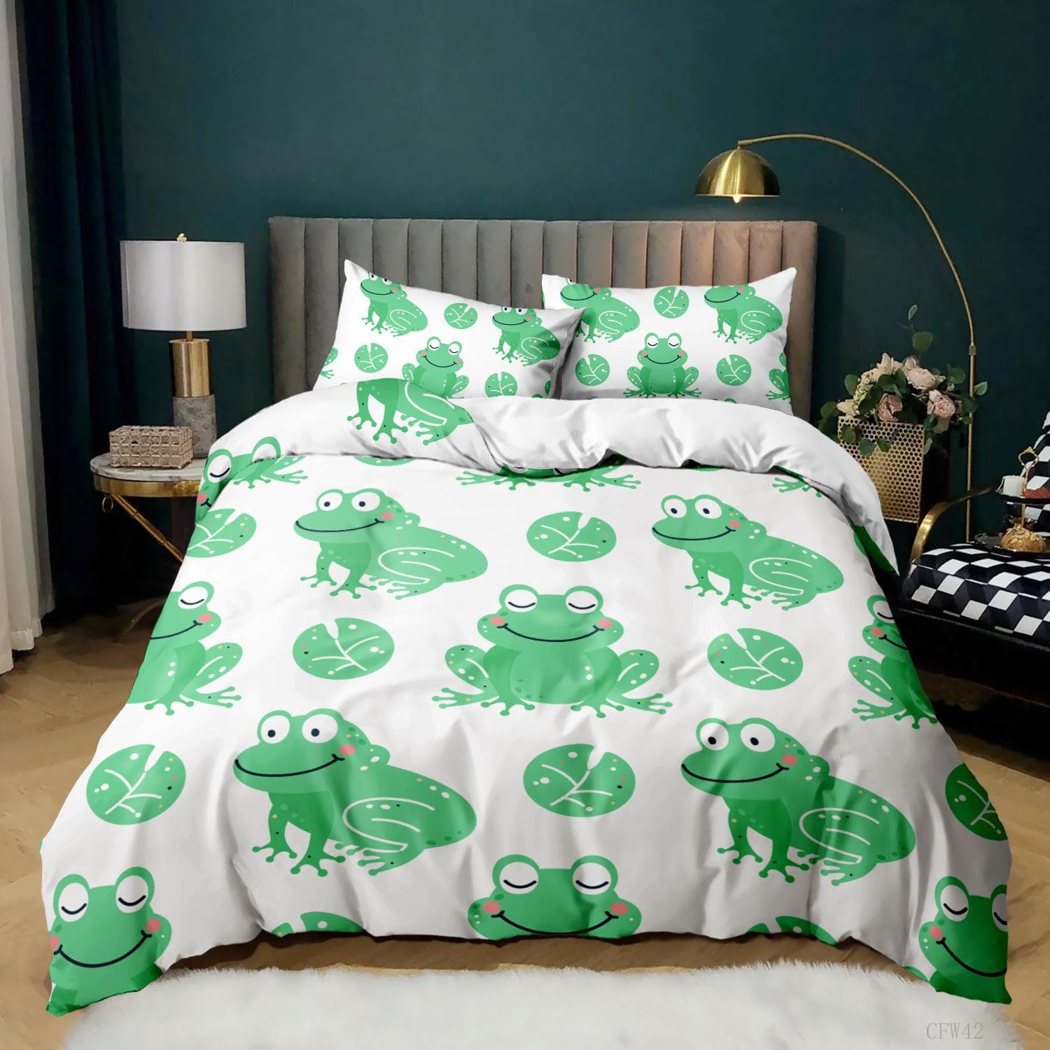 Animal Frogs Duvet Cover Set King Queen Size Green Lovely Cartoon Frog Bedding Set Kids Toad 2/3pcs Polyester Comforter Cover 240x220cm 3pcs