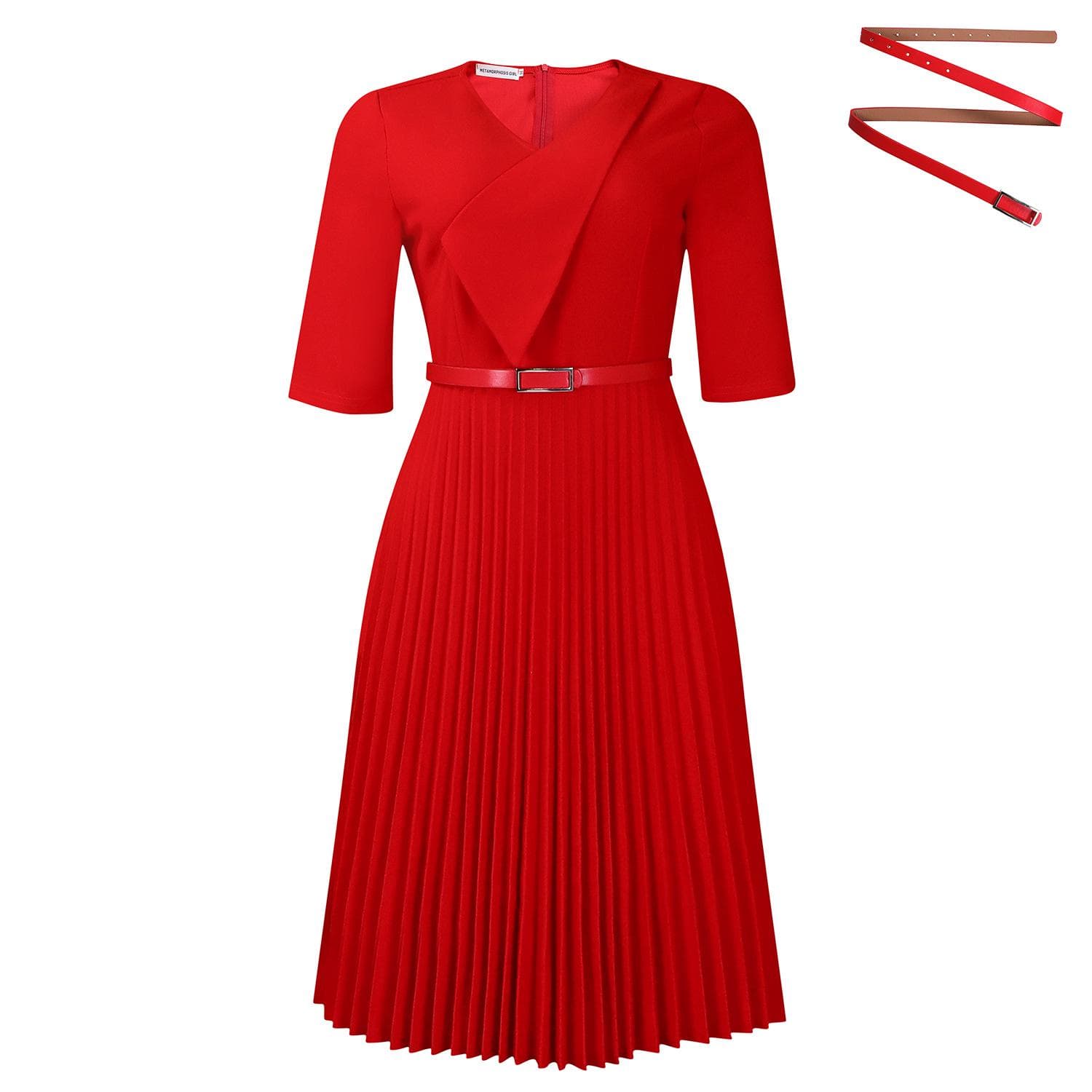 Women's 2025 Summer Fashion V-neck Solid Color Plus Size Pleated Dress L