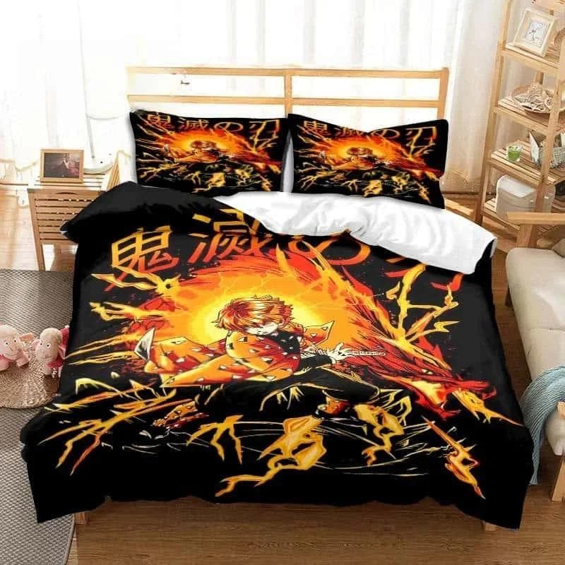 New 3D Anime Agatsuma Zenitsu Demon Slayer Bedding Set Single Twin Full Queen King Size Bed Set Aldult Kid Bedroom Home Textiles AU Double 180x210cm