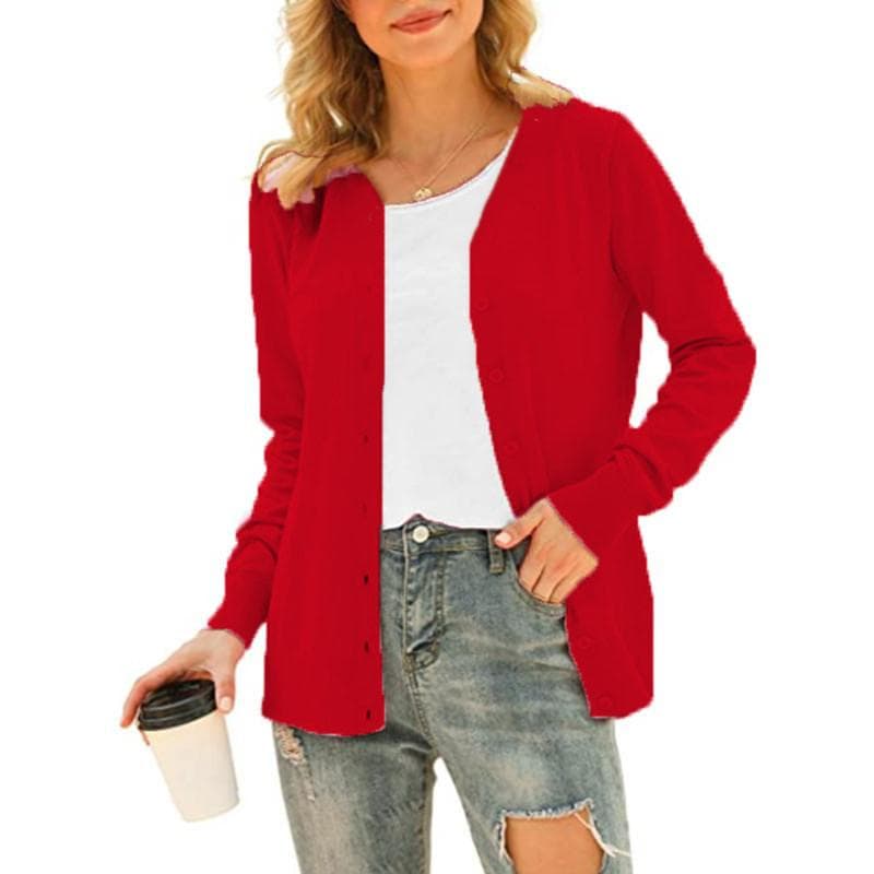 Women's Basic Long Sleeve Button Front Cardigan Sweater Knit Coat Tops Outerwear M red