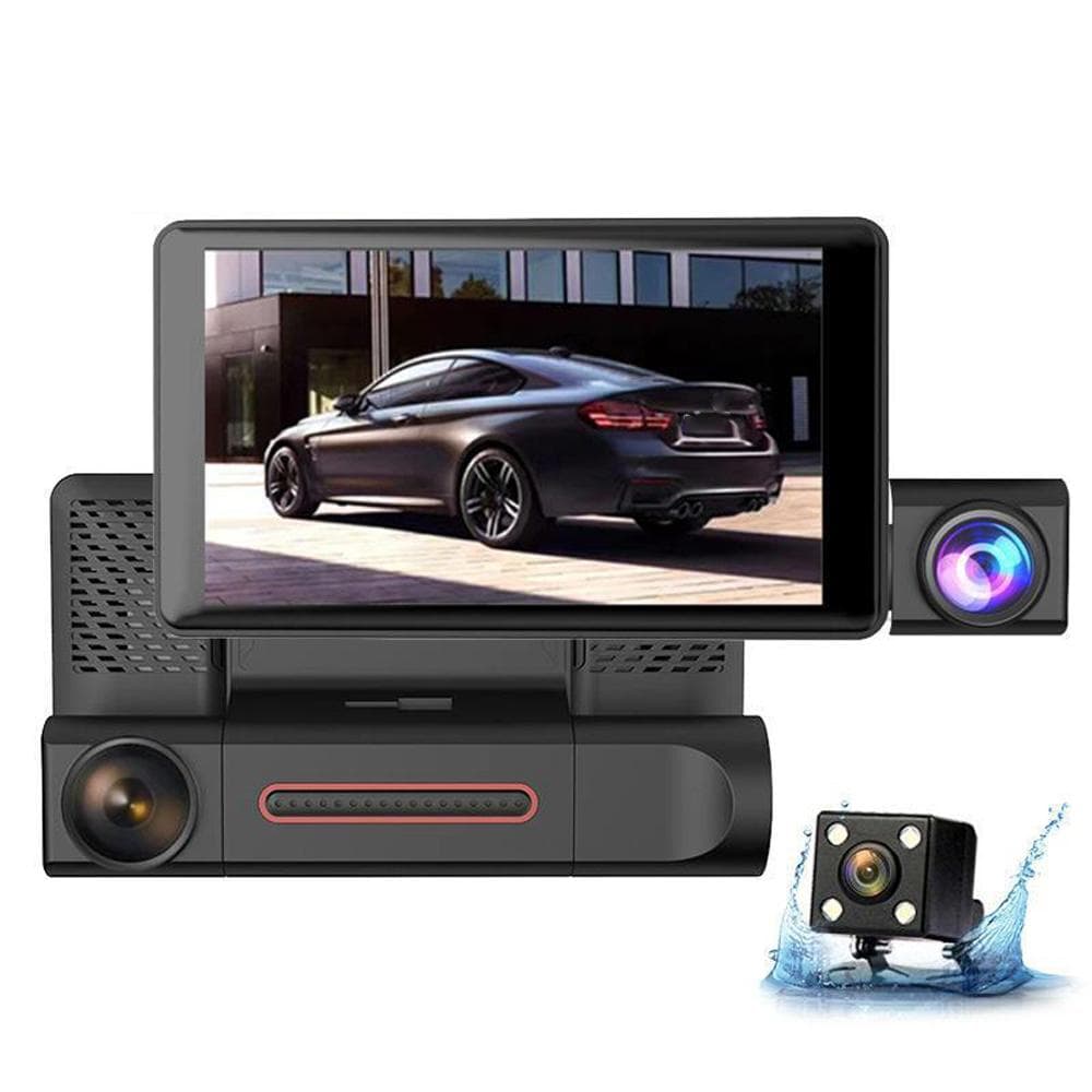 1080P DVR Dash Camera 3-Lens Front & Inside & Rear Camera Driving Recorder 4 Inch Screen Dashcam black