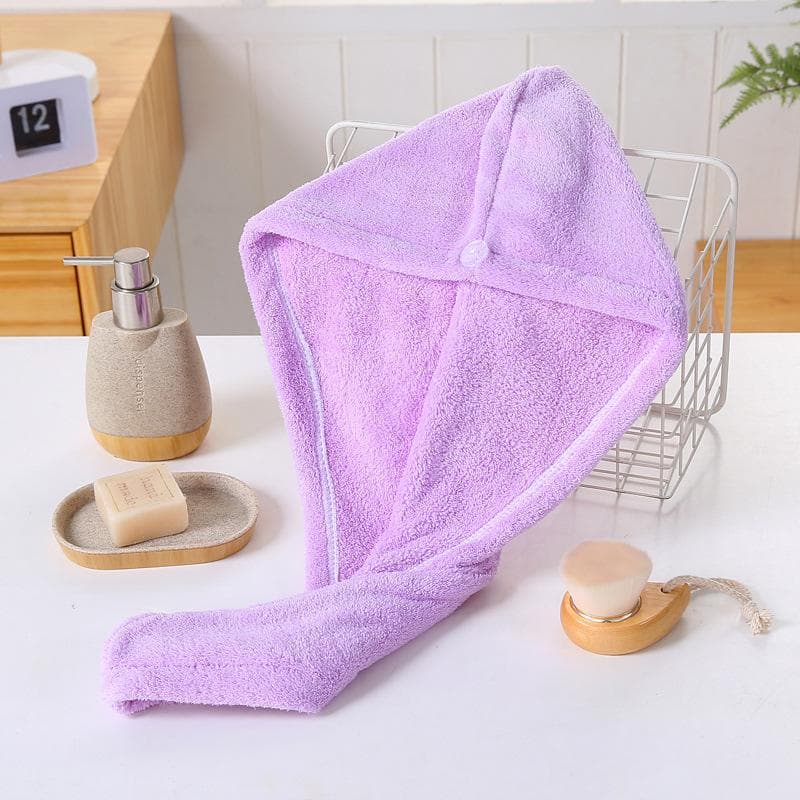 Soft Coral Fleece Hair Dry Towel Wrap Hat with Button purple