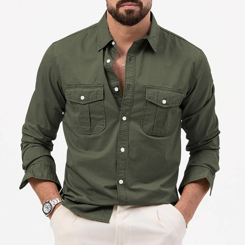 Mens Cargo Shirt Long Sleeve Tops Men Soft Casual Cotton Militar Tactical Shirts L army green