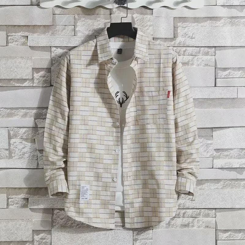 Plaid Men's Long-Sleeve Shirt - Trendy Korean Hong Kong Style XL