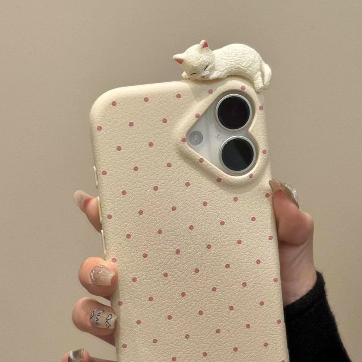 Heart Polka Dot Cat Phone Case for Apple iPhone 17 Pro Max - Soft Silicone Shockproof Creative Cover on iPhone 16/15/14/13/12/11/Pro/Pro Max/Plus Apple 13 white