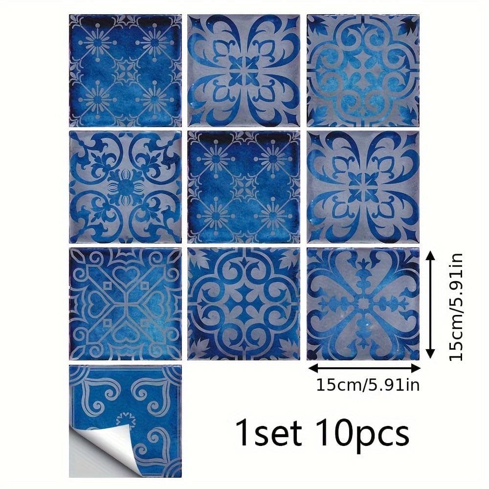 10pcs Dream Blue Tile Pattern Tile Sticker Home Renovation Renovation Kitchen Oil Proof Bathroom Waterproof Decorative Wall Sticker 10pcs