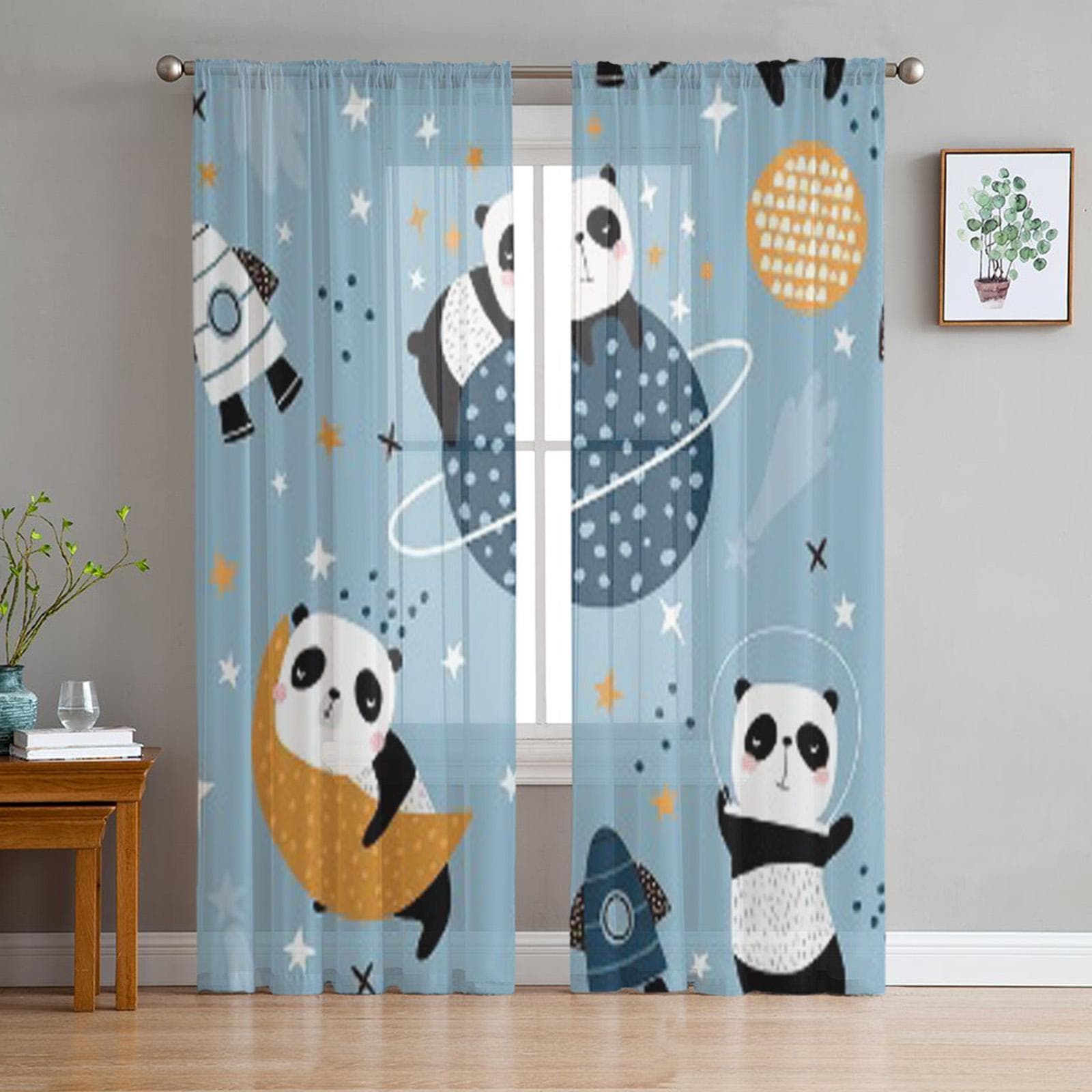 Slepping Pandas On Moons And Starry Sky Chiffon Sheer Curtains for Living Room Bedroom Decoration Window Voiles Tulle Curtain 135W x 114H(cm)