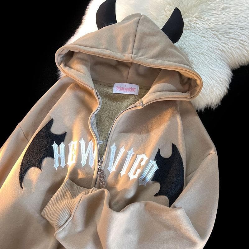 Retro Little Devil Horn Hoodies Y2k Women Letter Embroidery Zipper Hooded Sweatshirt Harajuku Casual Loose Jacket Coats XL khaki
